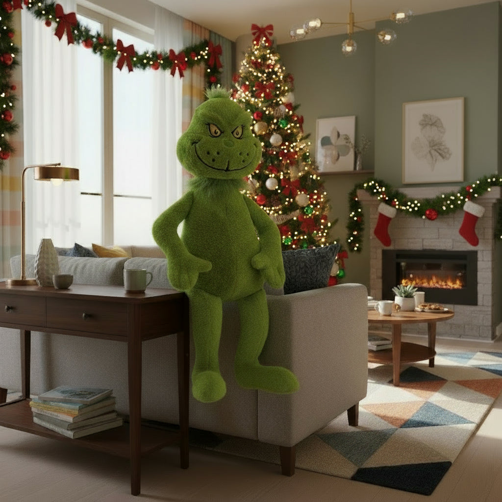 Green character in a festive living room with white Christmas decorations