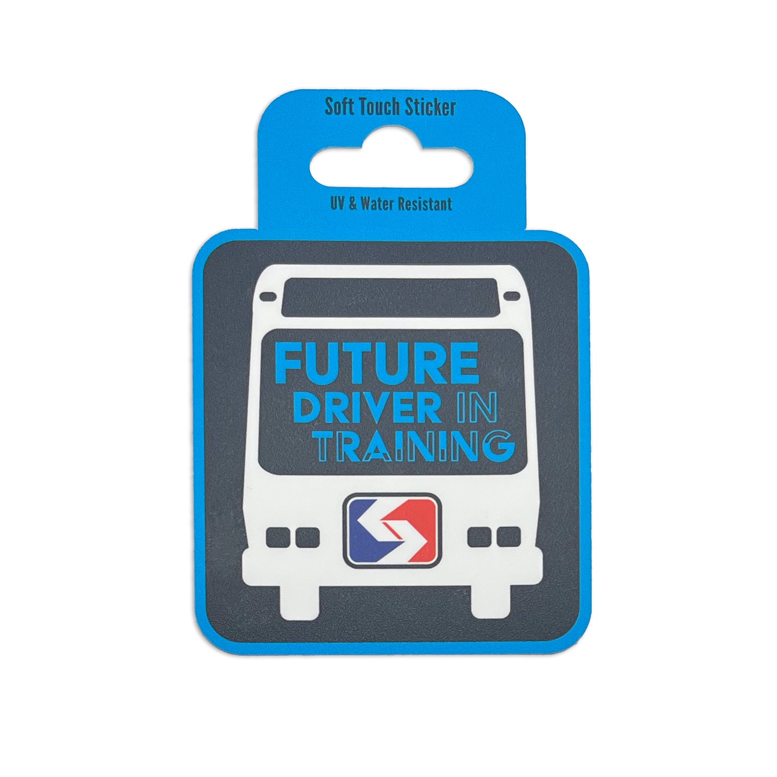 "Future Bus Driver in Training" in blue font on black background inside of bus window with with outline