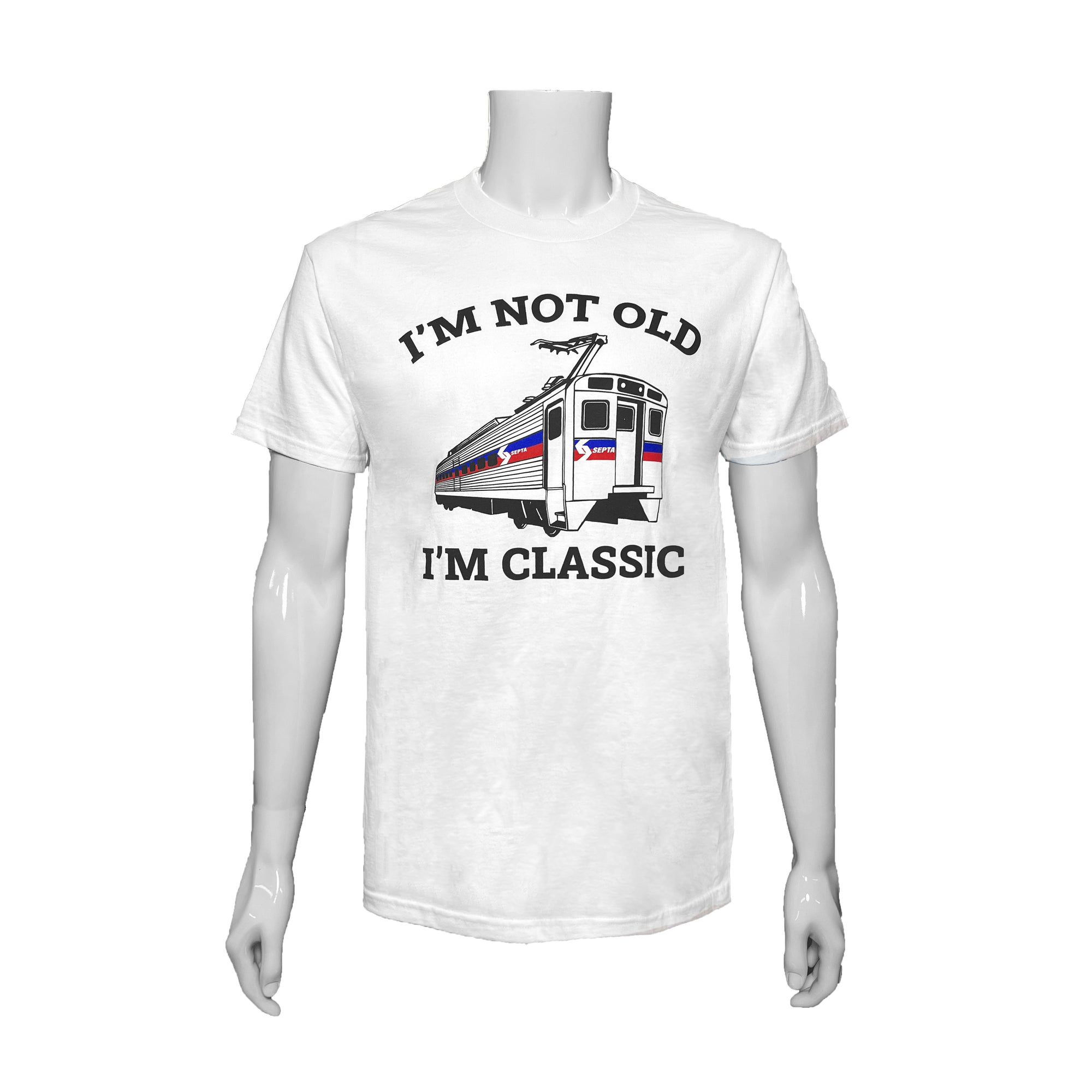 White T-shirt reads I'm not old, I'm Classic in capital black letters. Text sandwiches a large picture of a Silverliner train.