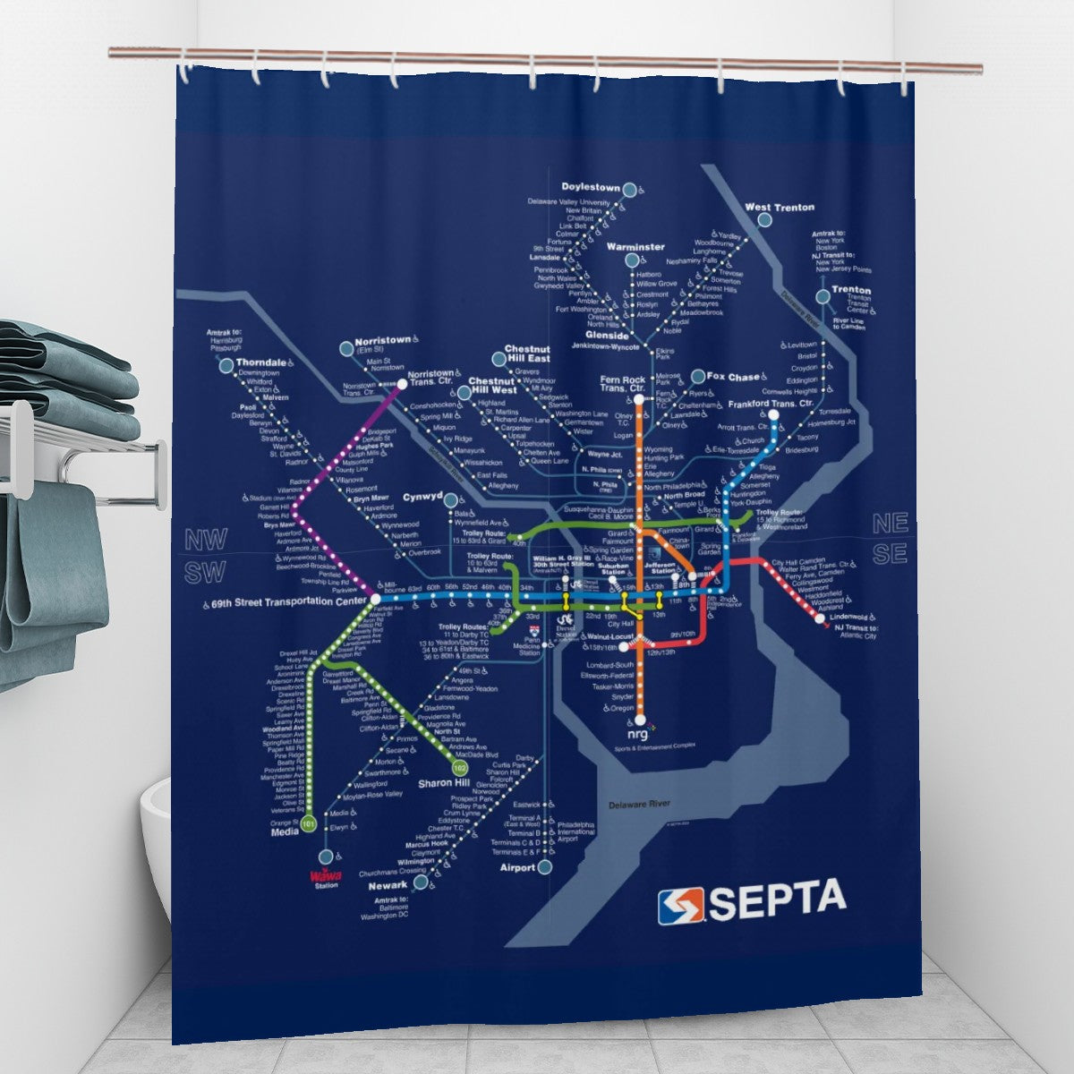 Navy Rail Map Shower Curtain