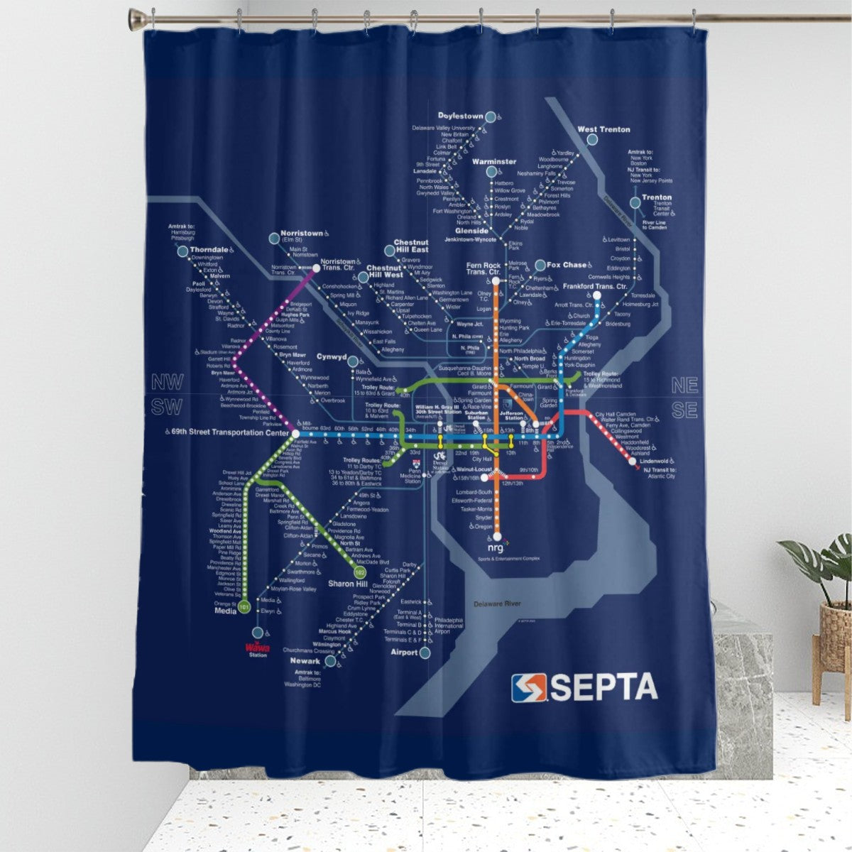 Navy Rail Map Shower Curtain