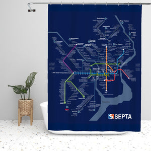 Navy Rail Map Shower Curtain